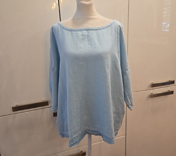 Eileen Fisher 100% Organic Linen Short Sleeve Top Blouse Light Blue Size Large - Picture 1 of 8